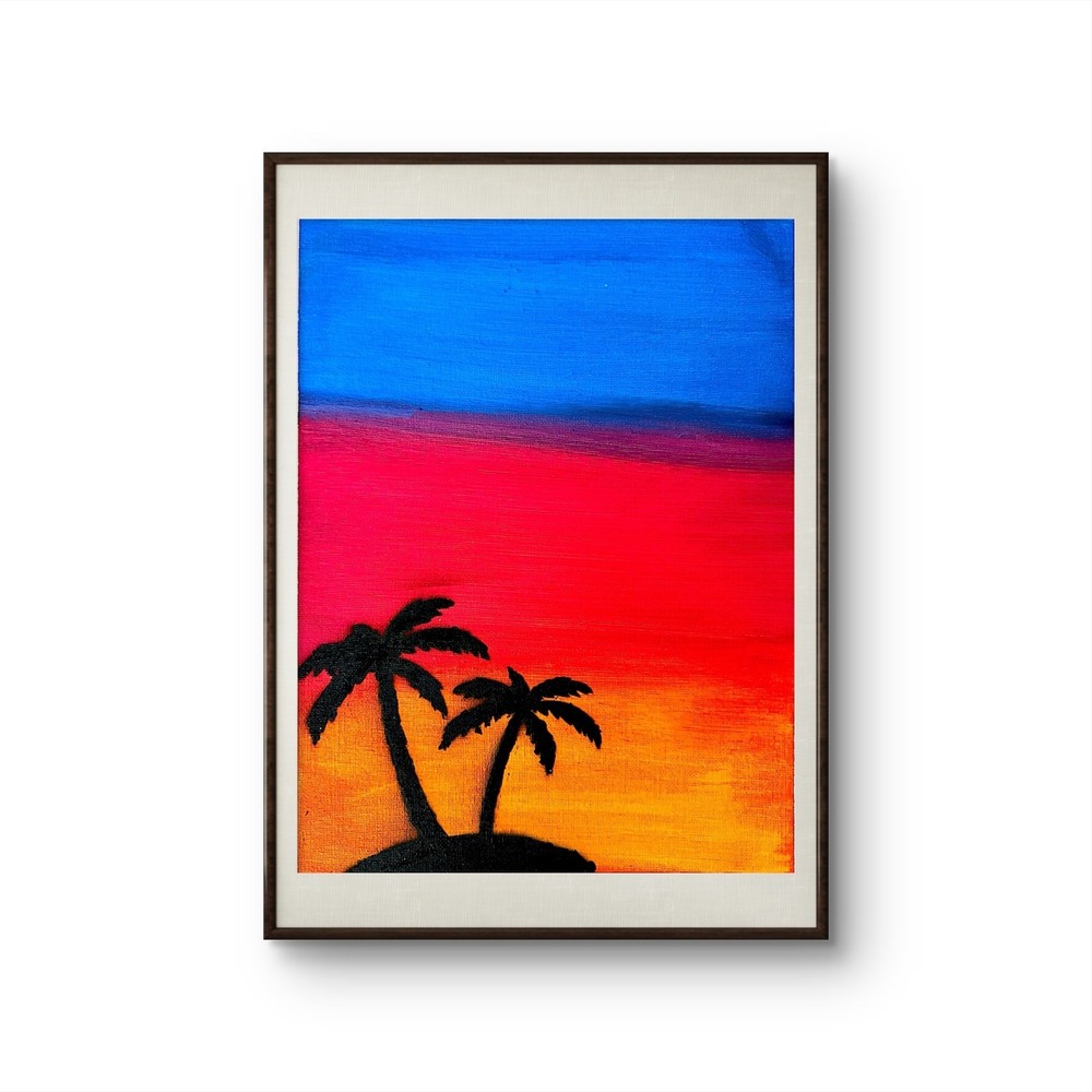 Papa Diouf Original Painting Tropical Sunset Palm Tree 11x14 Canvas NEW